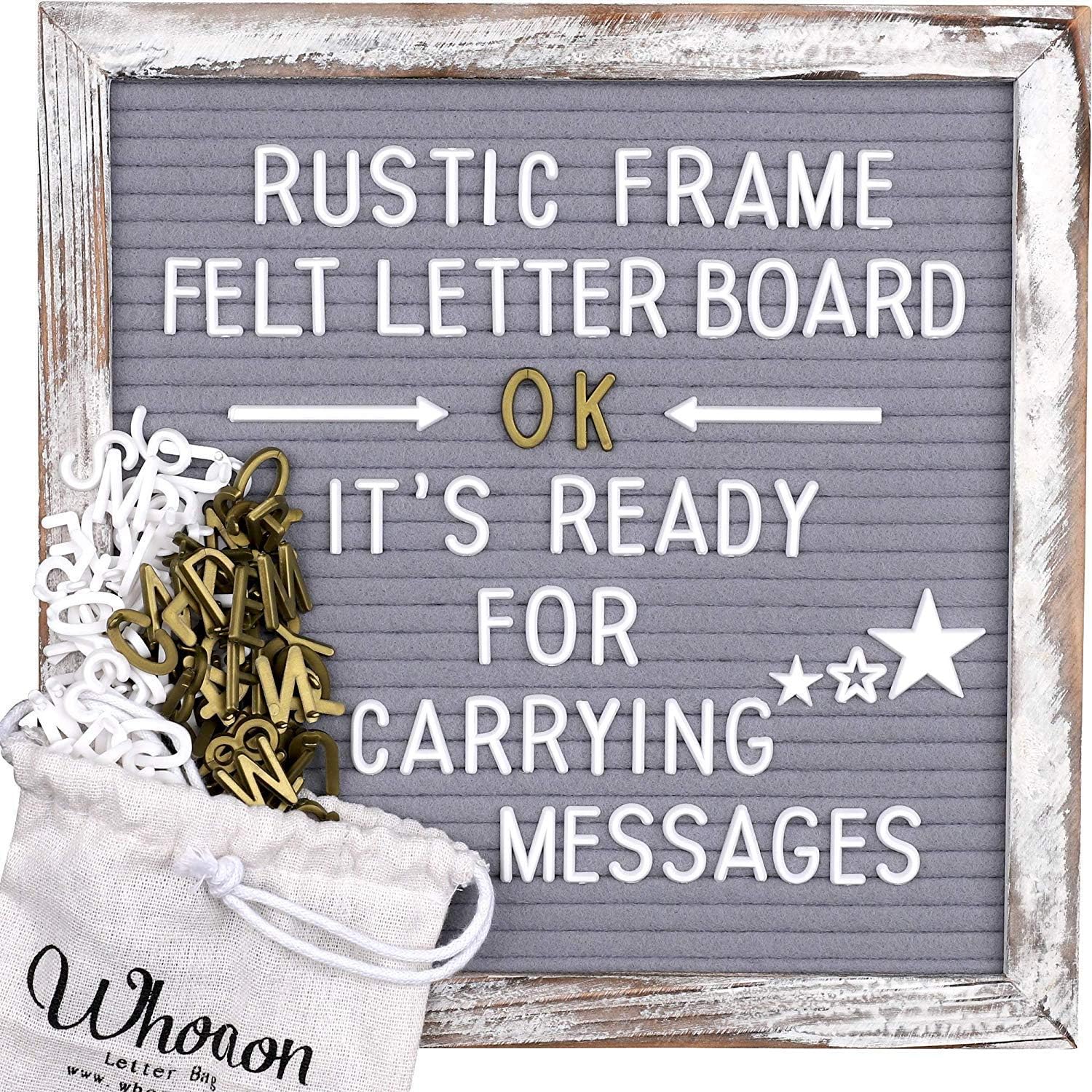 Whitewashed Rustic Wood Frame Gray Felt Letter Board 10x10 inch. Precut White & Gold Letters, Script Cursive Words. Wall & Tabletop Board Sign for Farmhouse Home Decor. Grey Felt Message Board