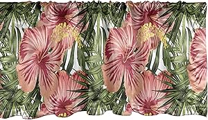 Lunarable Hibiscus Window Valance, Computer Graphics of Hibiscus Flowers and Leaves Stripe Details, Curtain Valance for Kitchen Bedroom Decor with Rod Pocket, 54