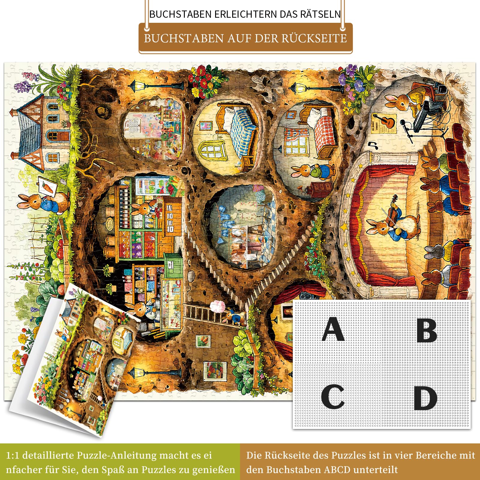 HUADADA Puzzle 1000 Teile - Puzzle 1000 Teile Erwachsene - Familieninteraktives Puzzle Geschenk -Thema:Kaninchenbau 2