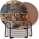 Brown Rustic Wood Grain Round Coasters Set of 6 - Abosrbent Ceramic Coasters with Metal Stand for Drinks, Coffee, Non-Slip Cork Back for Tabletop Protection, 4 Inches