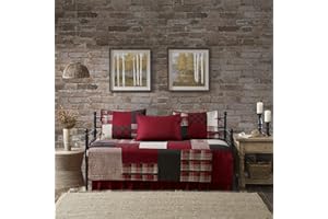 Woolrich Daybed Cover Set - Cabin Lifestyle, Patchwork with Moose Design All Season, Lightweight and Breathable Cozy Bedding Layer with Bedskirt, Matching Shams, 39" W x 75" L, Sunset Red 5 Piece
