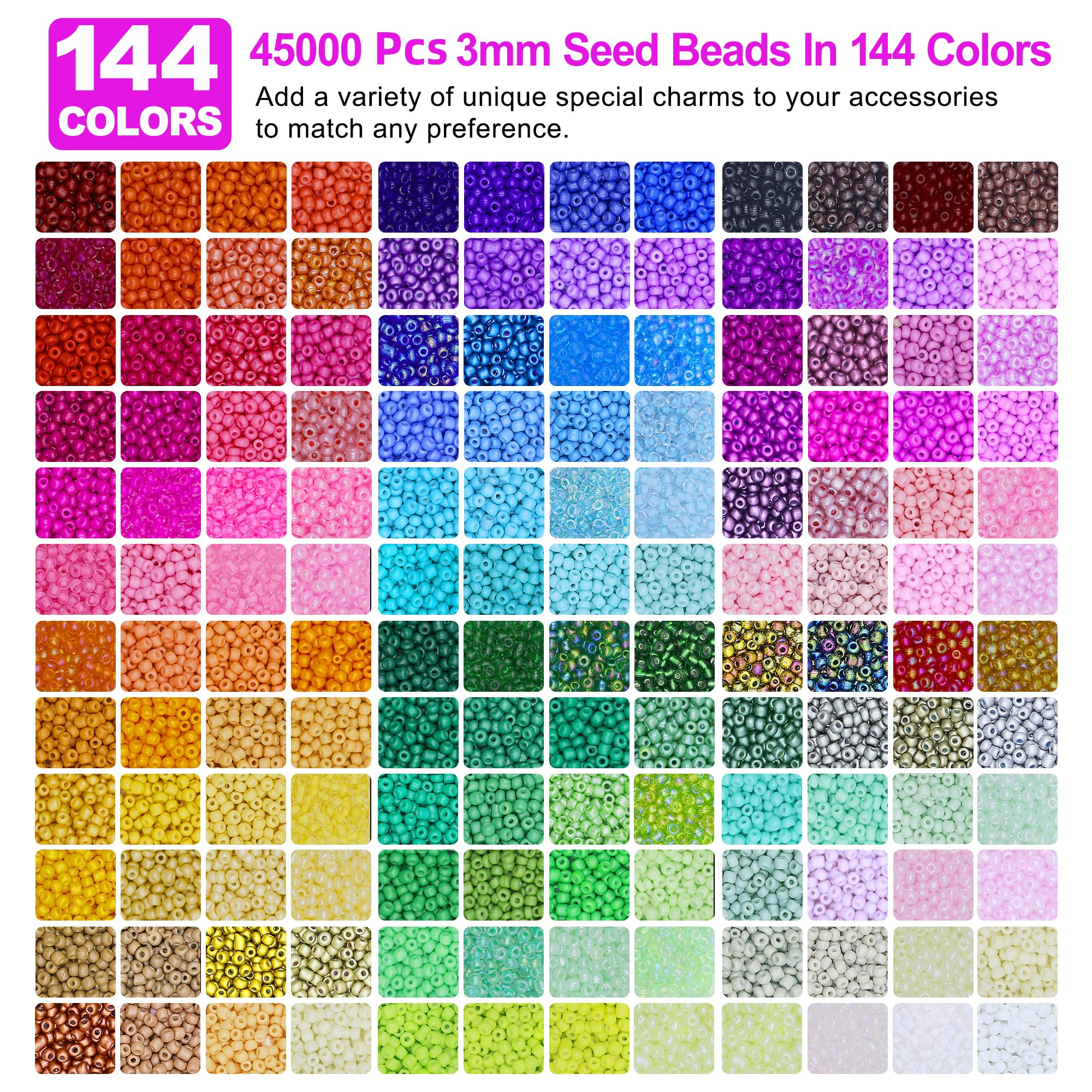 Redtwo 3mm 45000pcs Glass Seed Beads Kit, 7 Boxes 144 Colors Small Beads for Bracelets, Friendship Bracelet Kit with Charms and Letters