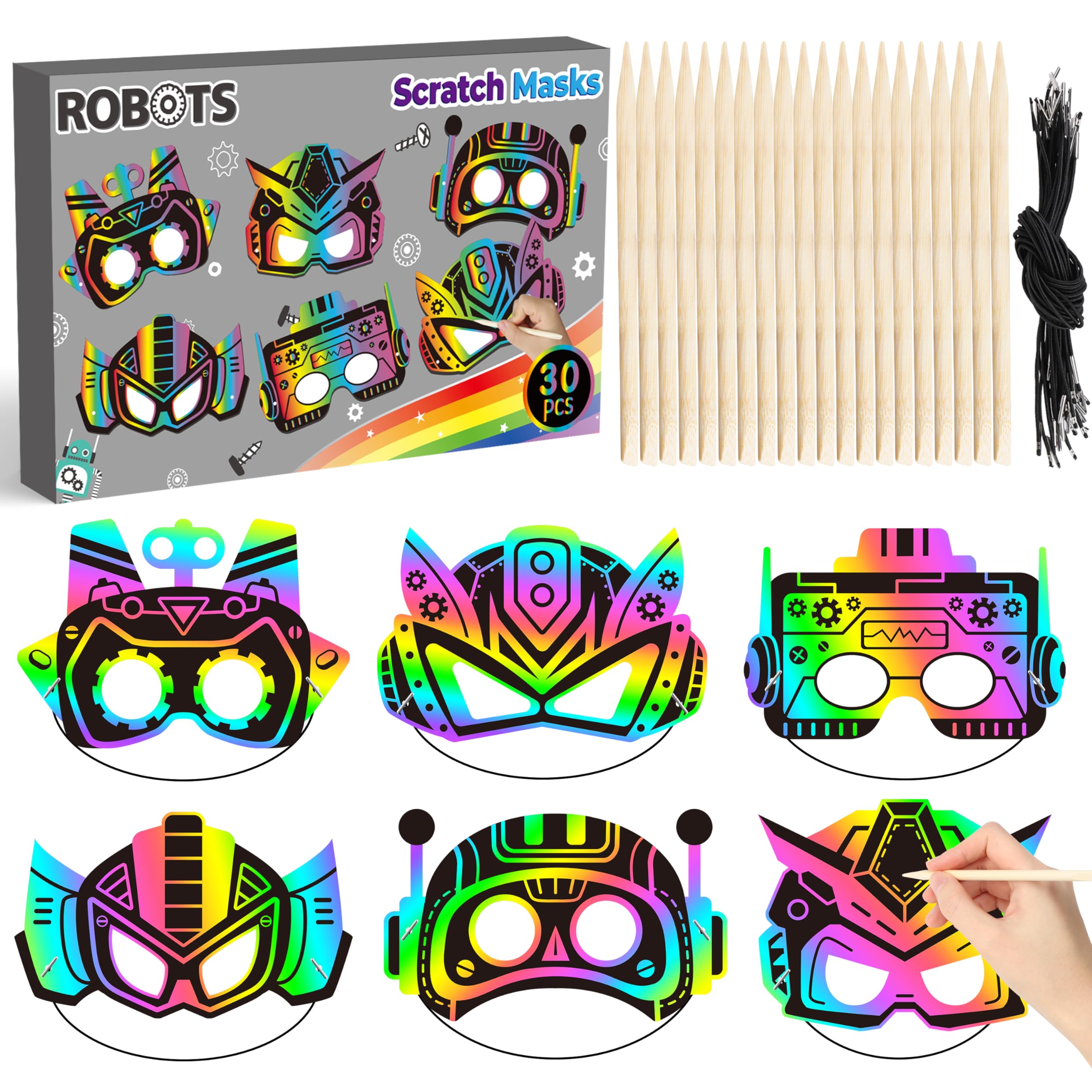 Photo 1 of BeYumi Robot DIY Mask Craft - 30Pcs Robots Scratch Mask Gift Set for Kids Boys Magic Scratch Off Paper Art Craft Kit School Classroom Activity Art Project Birthday Dress Up Party Favors