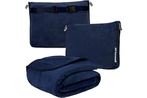 PAVILIA Travel Blanket Pillow, Soft Airplane Blanket 2-IN-1 Combo Set, Plane Blanket Compact Packable, Flight Essentials Car Pillow, Travelers Gifts Accessories Luggage Backpack Strap, 60x43 Navy Blue