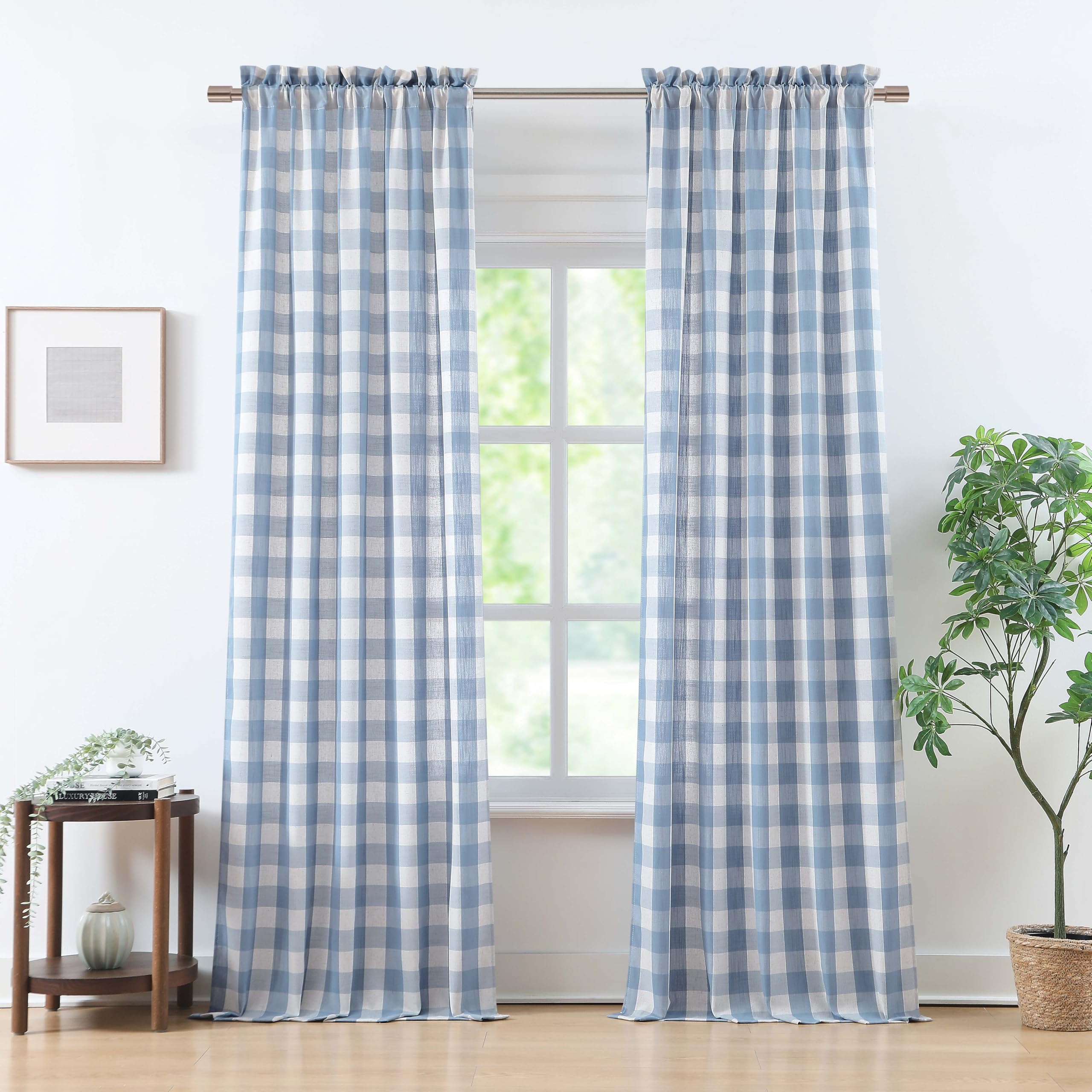 Photo 1 of Bapawfish Beige-Dusty Blue Buffalo Check Curtains 95 Inches Length,Farmhouse Semi Sheer Drapes 8 FT for Bedroom Living Room,Buffalo Plaid Window Treatment,Rod Pocket,40" Wx95 Lx2,Beige-Dusty Blue