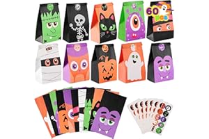 JOYIN 60 PCS Halloween Characters Paper Treat Bags, Trick or Treat Goodie Bags, Candy Bags with Stickers for Halloween Party Favor Supplies