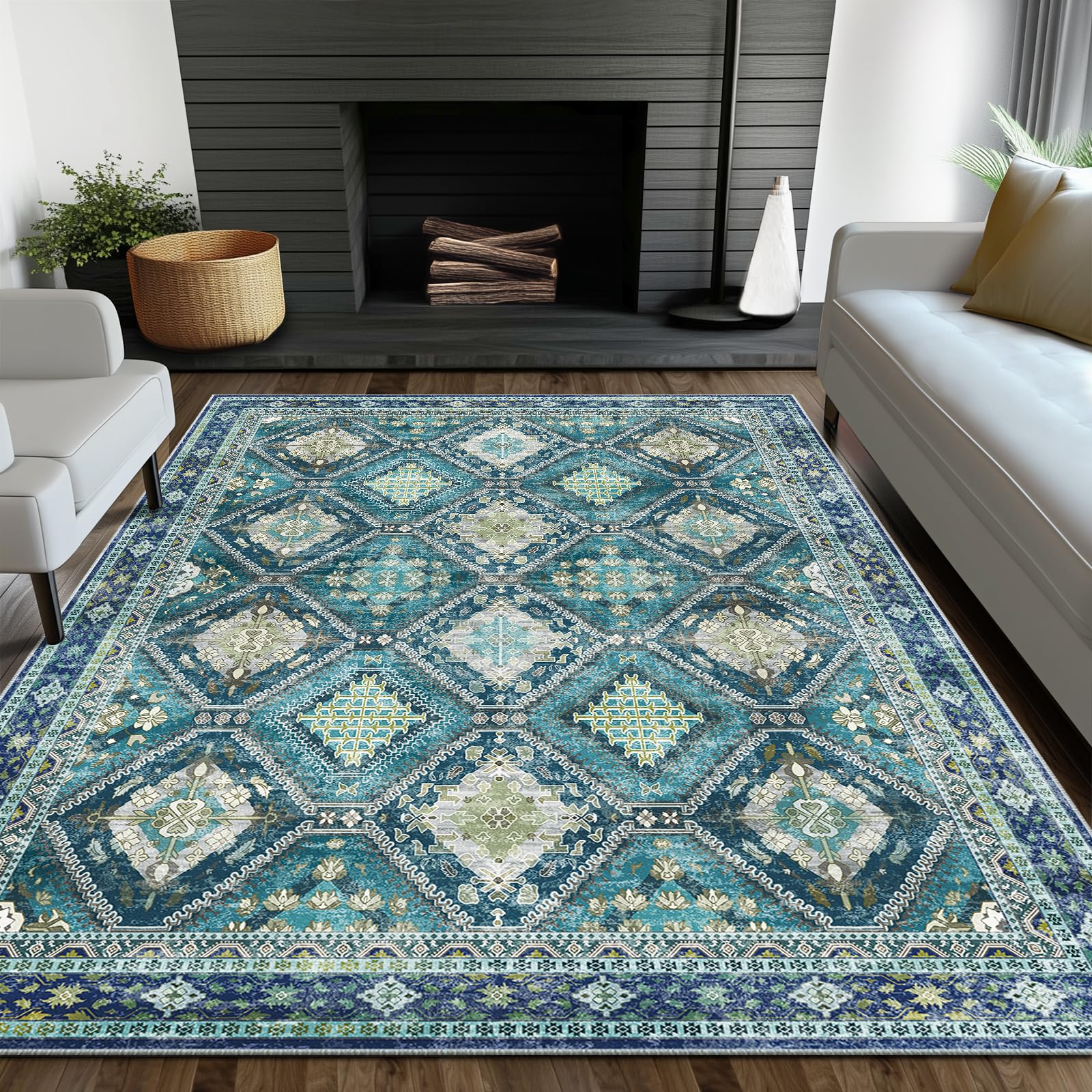 Photo 1 of CAPALOCA 6x9 Area Rug Bohemian Rugs with Print Trellis Pattern Stain Resistant Washable Carpet for Living Room and Girls Bedroom Teal/Yellow/Gray