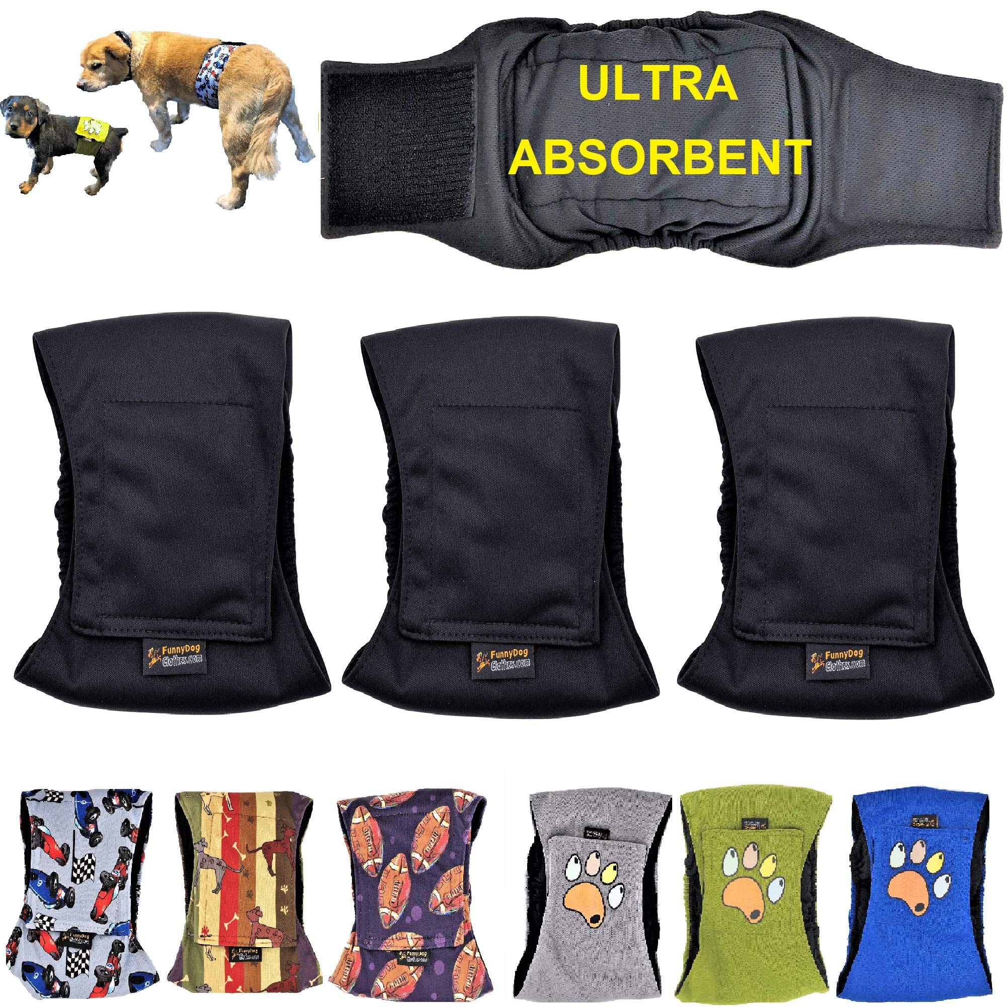 Pack of 3 or 6 Male Dog Diapers 4 - Layers of Absorbent Pads Waterproof Leak Proof Belly Band Wrap Washable (S: Waist 10" - 12", Pack of 3 Black)