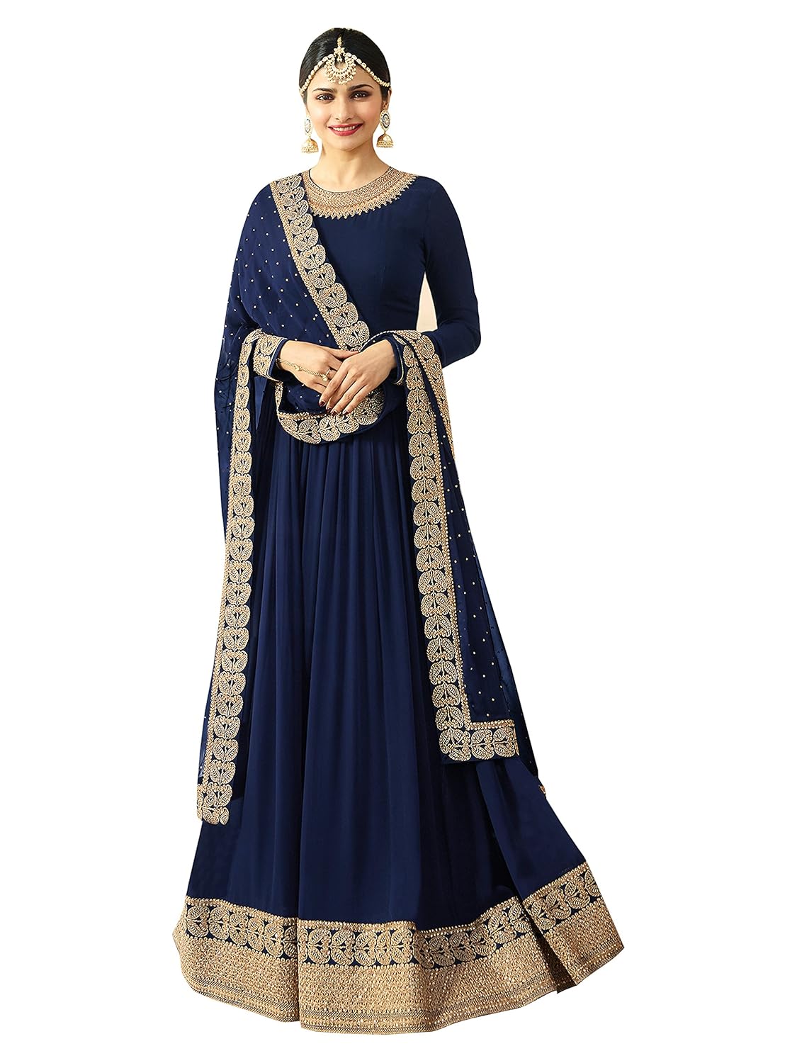 misha fashion women's faux georgette anarkali gown (mf1215, blue, free size)