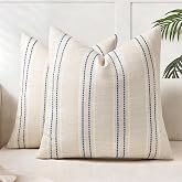 AELS 16x16 Decorative Farmhouse Linen Blend Throw Pillow Covers, Boho Textured Pillow Case, Set of 2, Beige with White &amp; Navy Blue Stitch Yarn Dyed Stripe Cushion Cover for Living Room (Cover ONLY)