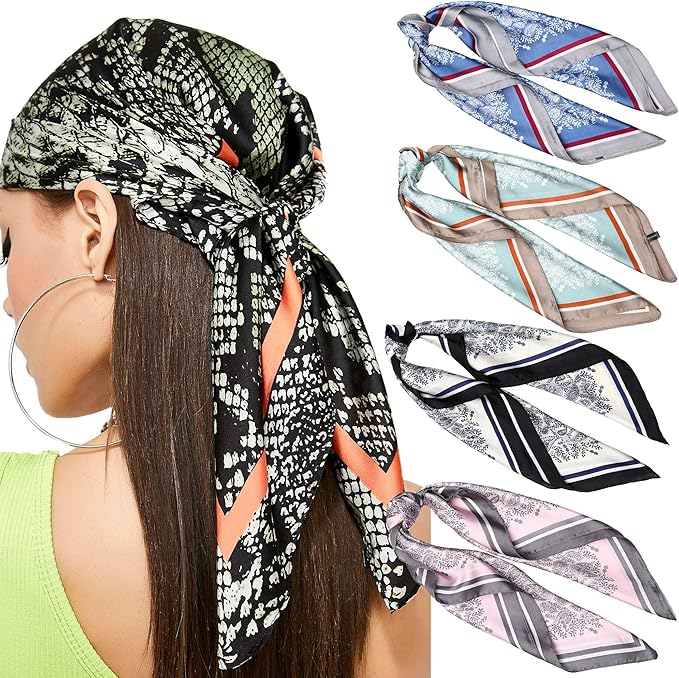 27.5” Women Head Scarves Hair Bandanas 4Pcs Hair Scarf Silk Like Head