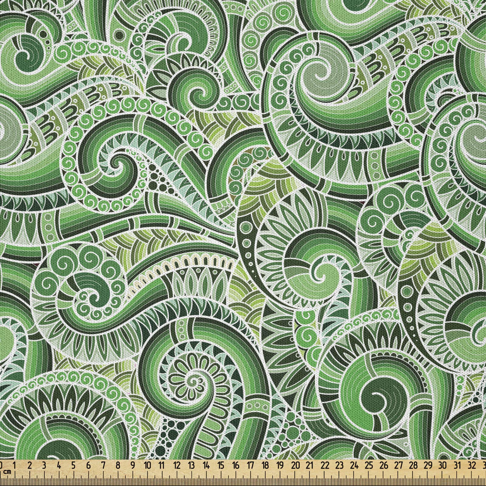 ABAKUHAUS Asian Fabric by the Yard, Classic Design Swirl Doodle Floral Illustration Curvy Outline Mehndi Style Retro, Microfiber Fabric for Arts and Crafts Textiles Decor, 1M (230x100cm), Green Black