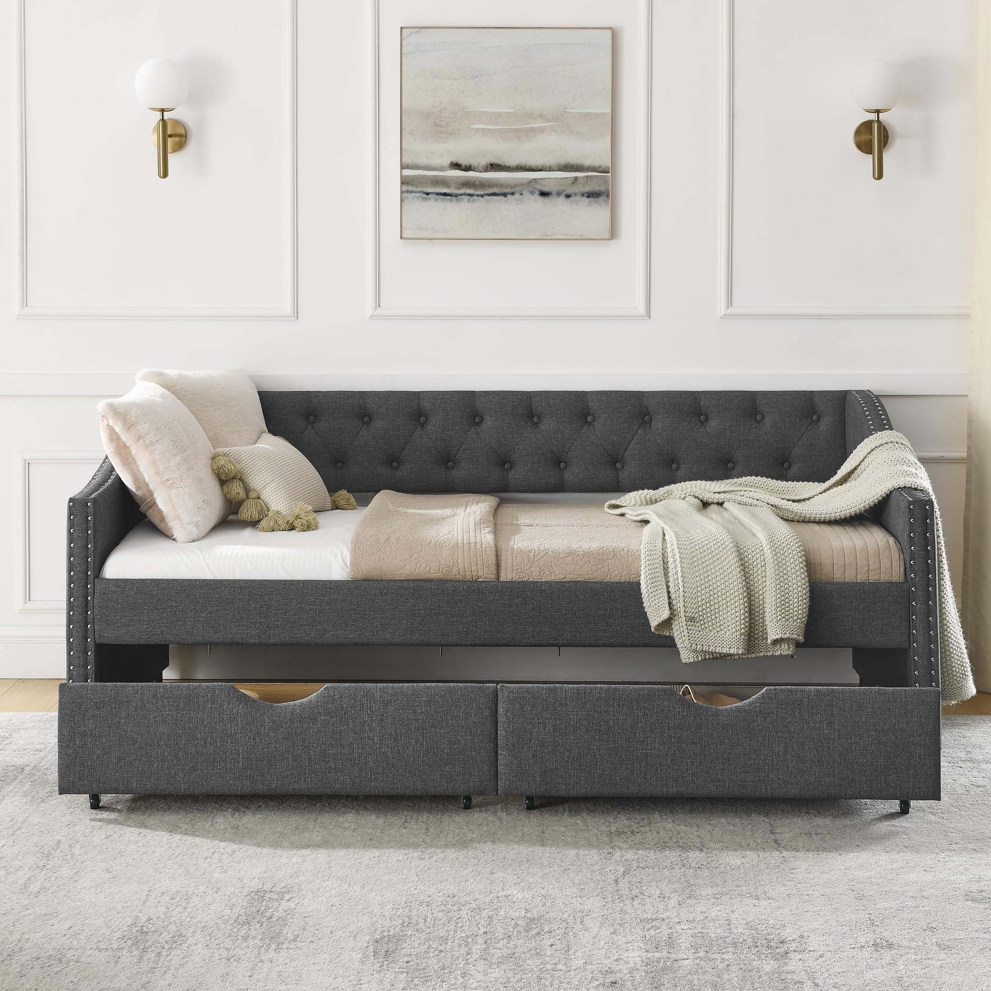 Photo 1 of **********PARTIAL ITEM, THIS IS ONLY 1 BOX OUT OF A MULTI BOX SET***********
KEIKI Twin Size Upholstery Daybed with 2 Drawers and Headboard, Mid-Century Style Tufted Sofa Bed with Button on Back, Easy Assembly, No Box Spring Required, for Living Room, Dra