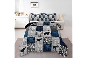 Bear Bedding Set Queen for Teens Boys,Farmhouse Moose Elk Deer Comforter Set Cabin Lodge Decor,Hunting Animal Duvet Insert,Bl