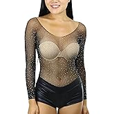 ToBeInStyle Women's Sensual Fishnet Rhinestone Bodysuit