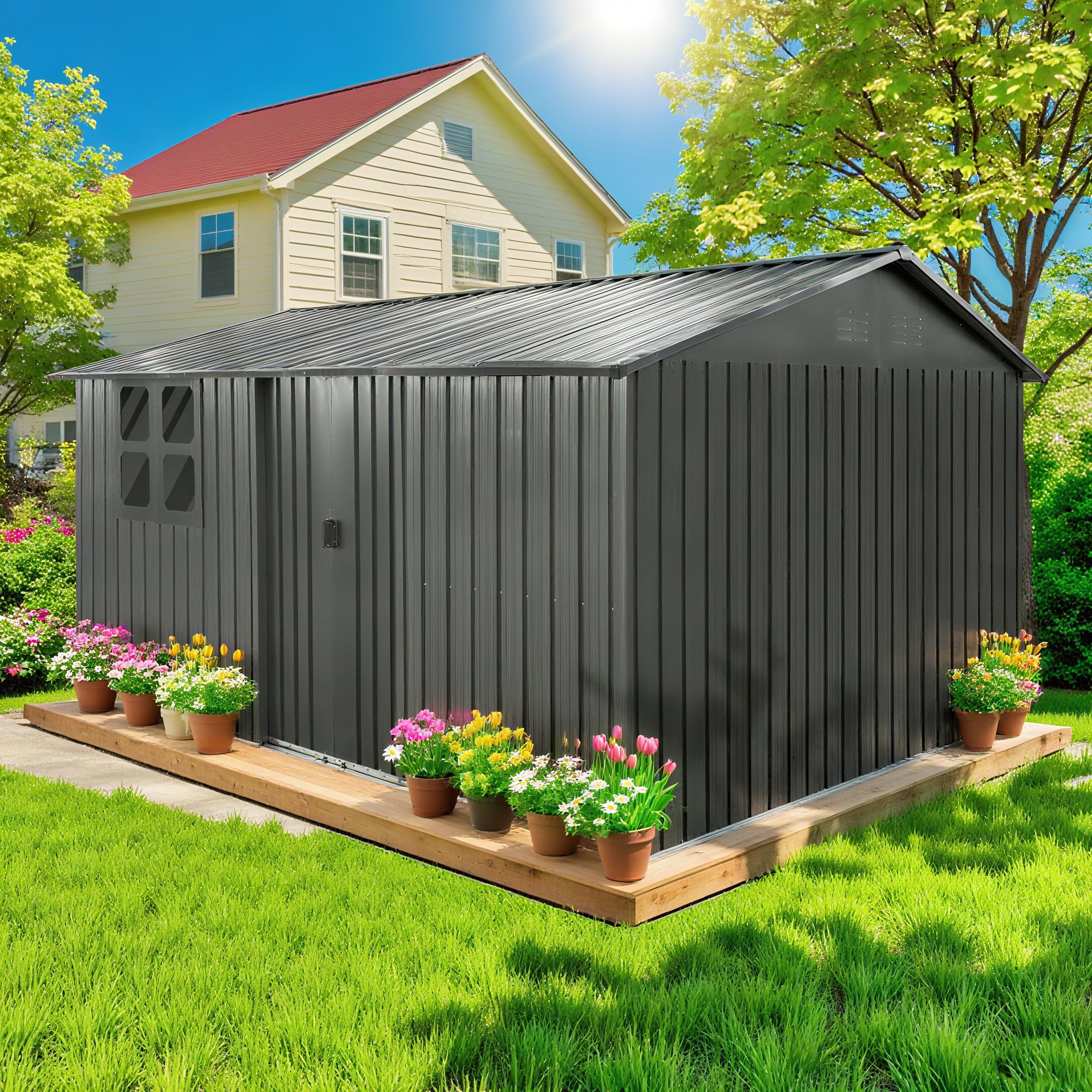 Photo 1 of ***MISSING PARTS*** ***CHECK CLERK NOTES*** 12 x 10 FT Outdoor Storage Shed, Metal Garden Tool Shed with Slooping Roof, Lockable Doors, All-Weather Bike Shed Easy to Assemble for Backyard, Patio, Lawn, Silver