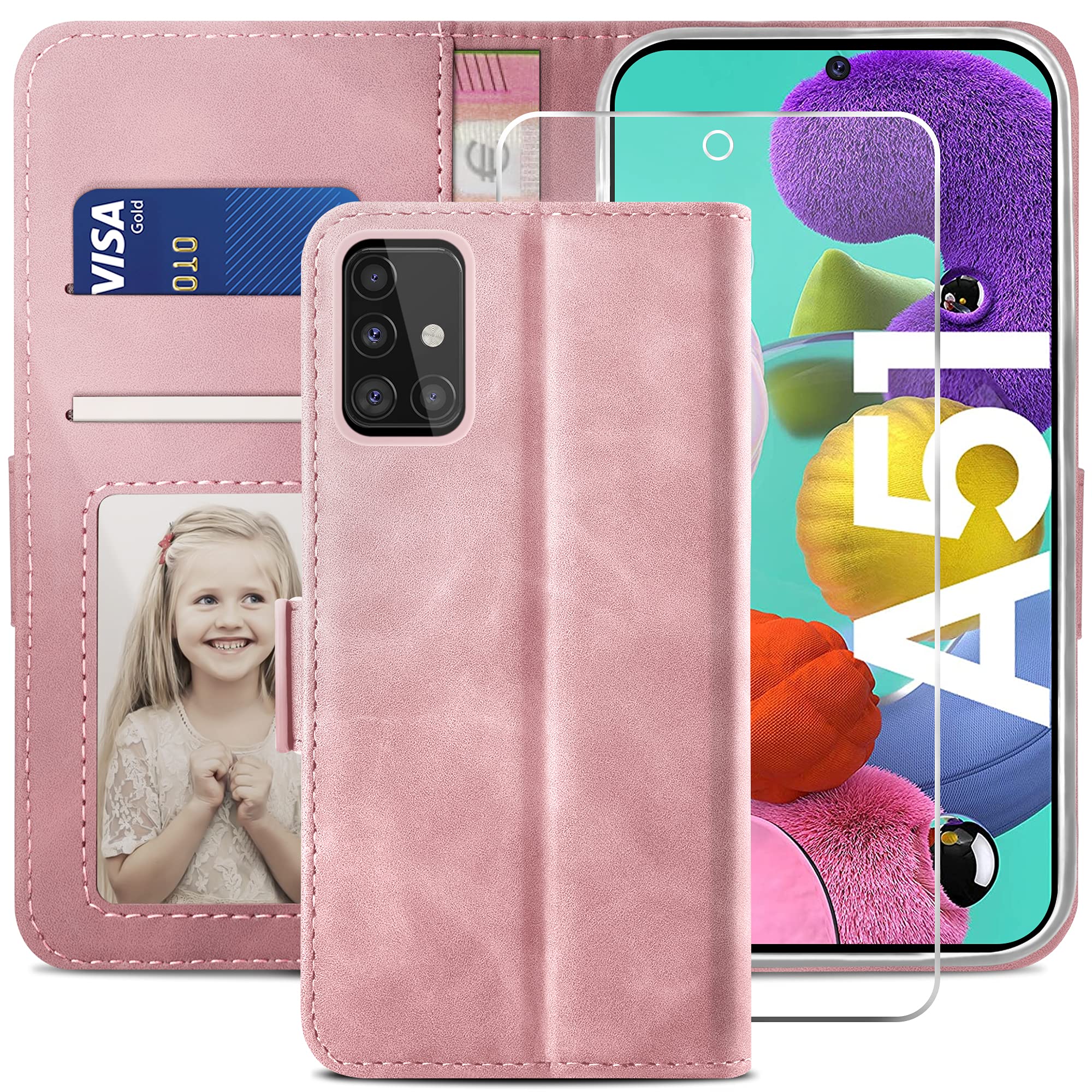 YATWIN Compatible with Samsung Galaxy A51 Case, Flip Wallet Leather Case with Tempered Glass Screen Protector and Card Slot Kickstand Phone Cases Cover for Samsung A51 - Pink