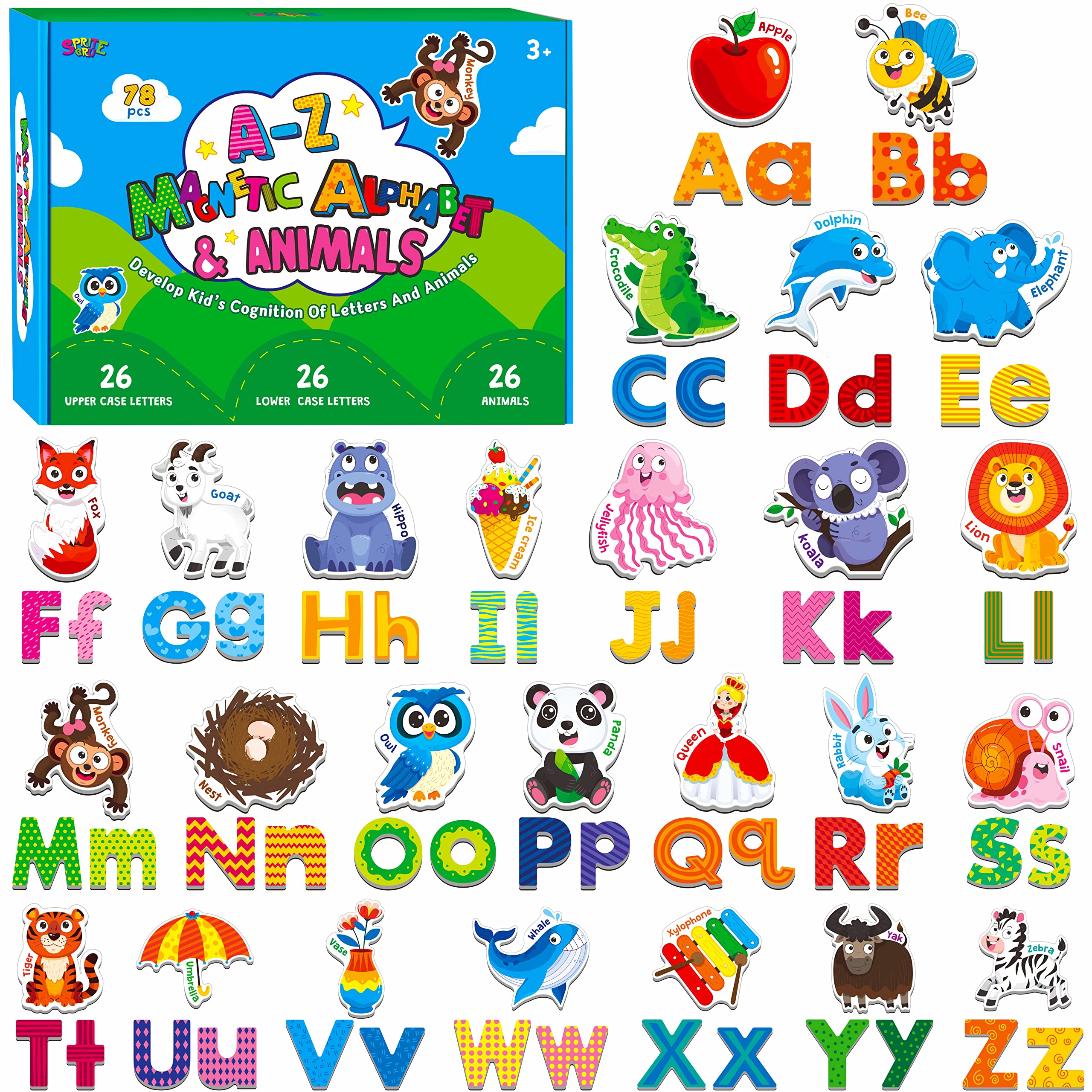 Photo 1 of 78 Magnetic Alphabet, 26 Uppercase, 26 Lowercase Letters & 26 Object Patterns, Adorable Animal Alphabet ABC Fridge Magnets Educational Letter Spelling Learning Toys Set for Toddlers 3 4 5 Years Old
