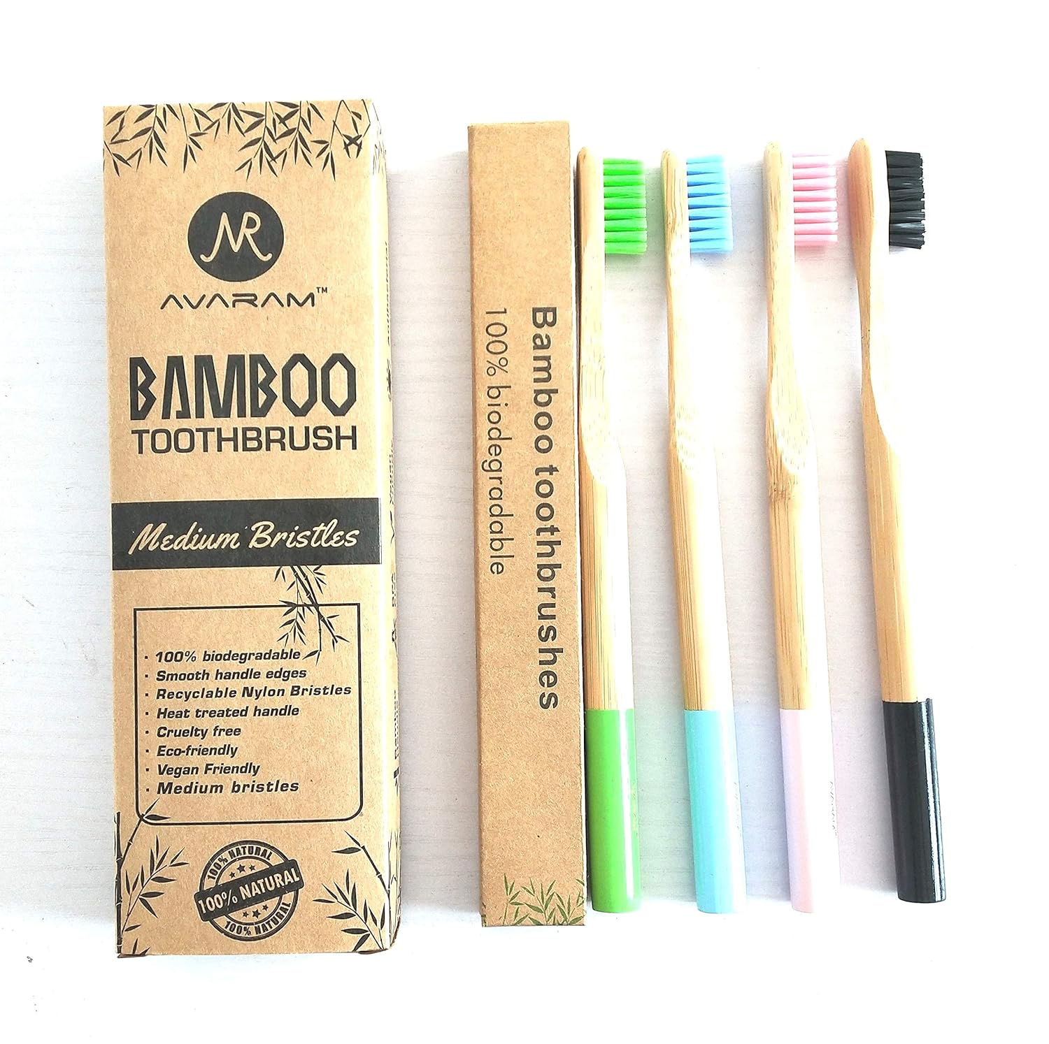 AVARAM’s 100% Eco-Friendly Natural Bamboo Toothbrushes, Medium BPA Free Colored Bristles, Total Dental Care, For Men and Women, A pack of 4