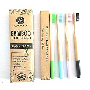 AVARAM’s 100% Eco-Friendly Natural Bamboo Toothbrushes, Medium BPA Free Colored Bristles, Total Dental Care, For Men and Women, A pack of 4