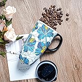 Topadorn Ceramic Coffee Mug Porcelain Latte Tea Cup With Lid Handle and Gift Box 17oz.,Blue Flowers
