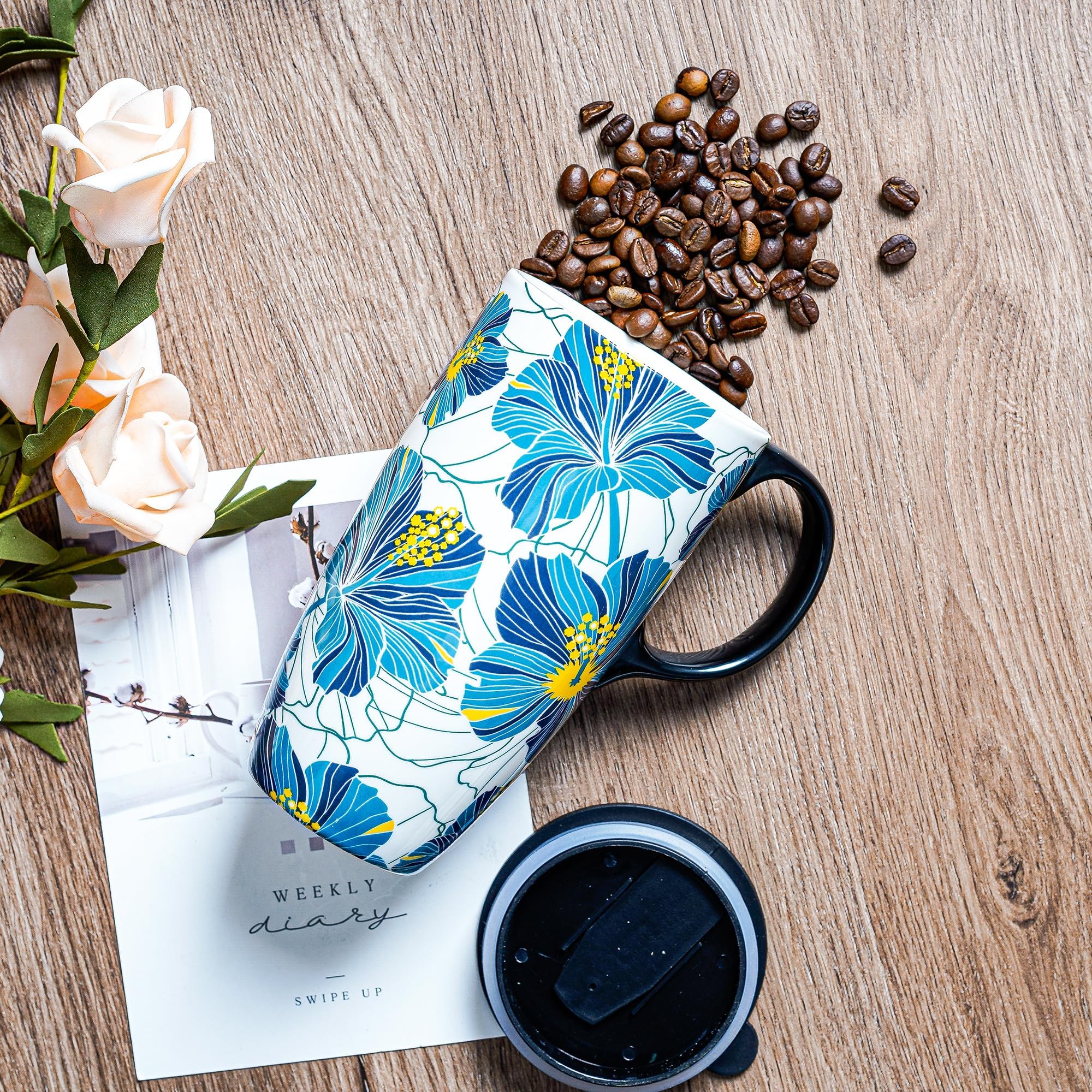 DUSVALLY Coffee Ceramic Mugs Travel Coffee Mug Porcelain Latte Tea Cup with Lid and Gift Box 17oz.Tall Coffee Mug, Blue Floral