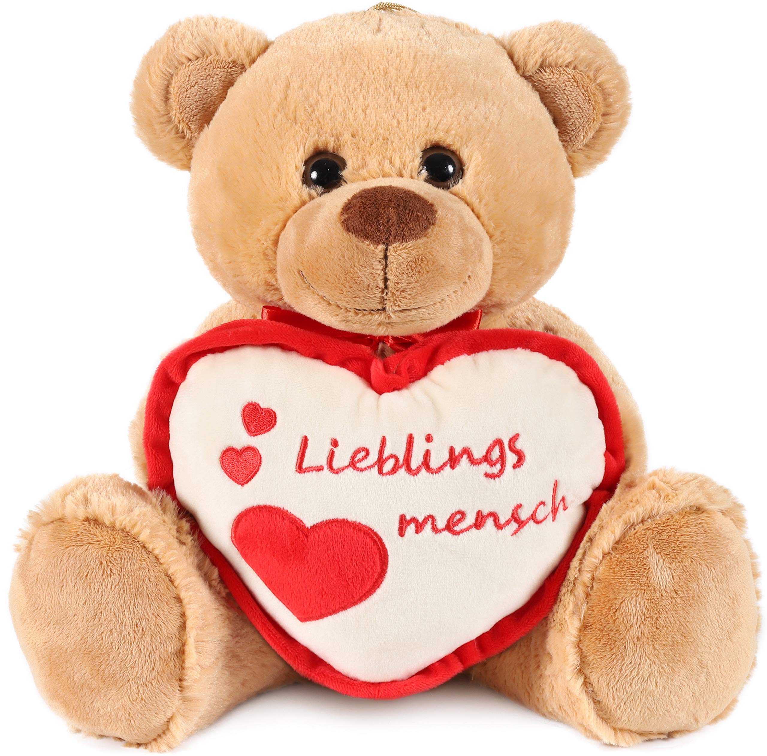 BRUBAKER Teddy Plush Bear With Heart Red Beige - Lieblingsmensch - 14 Inches (35 Cm) - Teddy Bear Plush Teddy Cuddly Toy - Light Brown