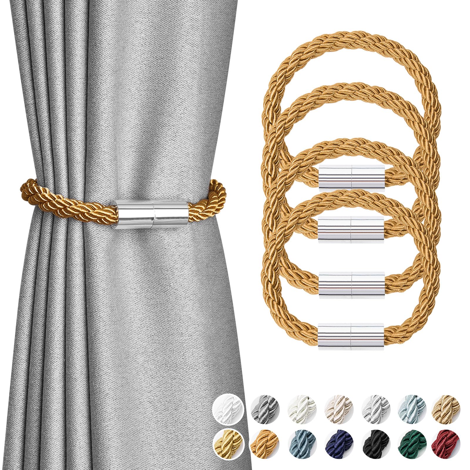 Pretty Jolly 4 Pack Mini Magnetic Curtain Tiebacks Modern Simple Style Drape Tie Backs Elegant Decorative Weave Rope Curtain Holdbacks for Home & Office Thin Window Draperies (Bronze)