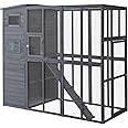 PawHut Outdoor Catio, Cat House Wooden Feral Cat Shelter, Cat Cage with Platforms, Waterproof Asphalt Roof, Ramps, 77" L, Gray