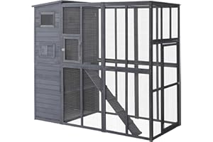 PawHut Catio Outdoor Cat Enclosure, Wooden Patio Cat Window Box with Platforms, Waterproof Asphalt Roof, Ramps, 77" L, Gray