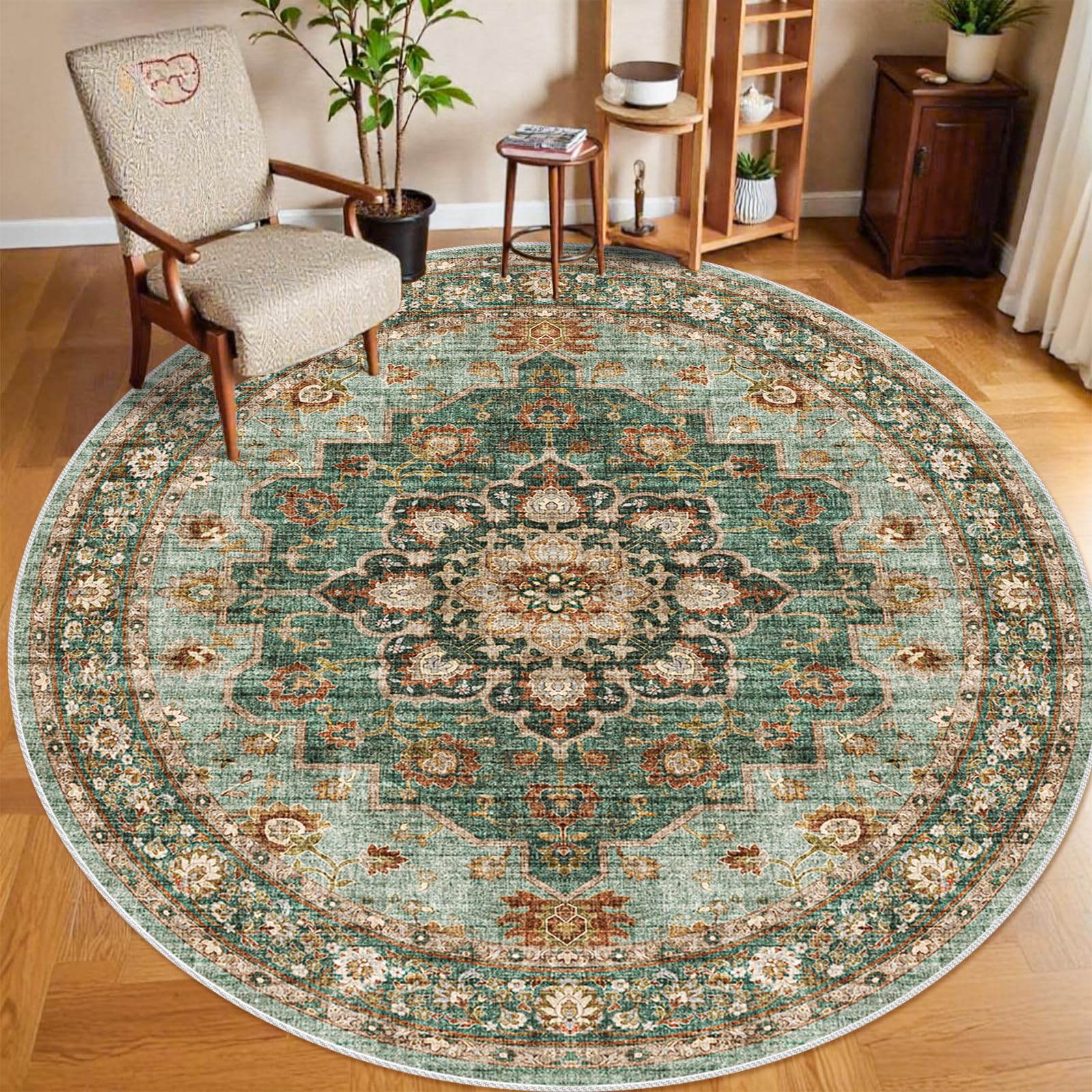 Washable Oriental Area Rug - 9ft Round Rugs for Living Room Soft Carpet for Bedroom Waterproof Floral Distressed Indoor Stain Resistant Non-Shedding Floor Carpets (Green, 9ft-Round) Image