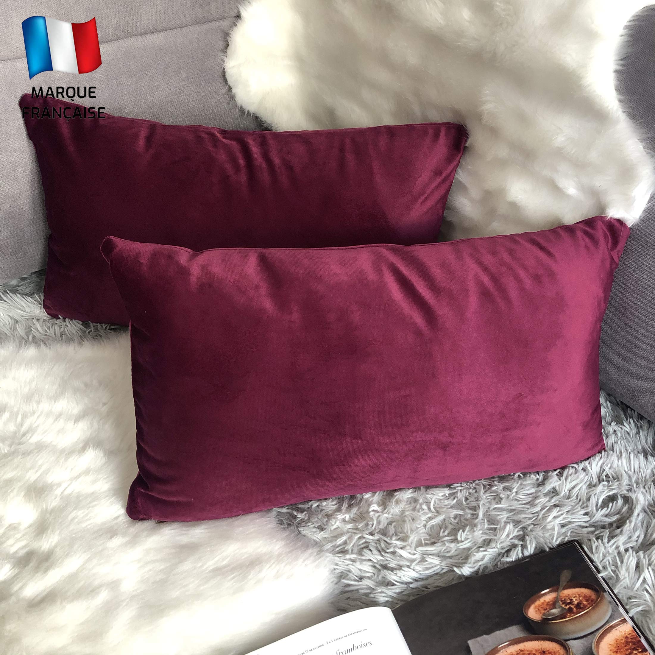 Douceur De Plumes Set of 2 Cushion Cover Plum Velvet 12x20 Inch Plain, Soft and Modern Rectangular Pillowcase for Purple Scandinavian, Purple Living Room Sofa (2 Plum)
