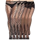 Ramede 6 Pairs Halloween Lace Tights Patterned Fishnet Thigh High Stockings Waist Bow Goth Leggings Tight Pantyhose for Women