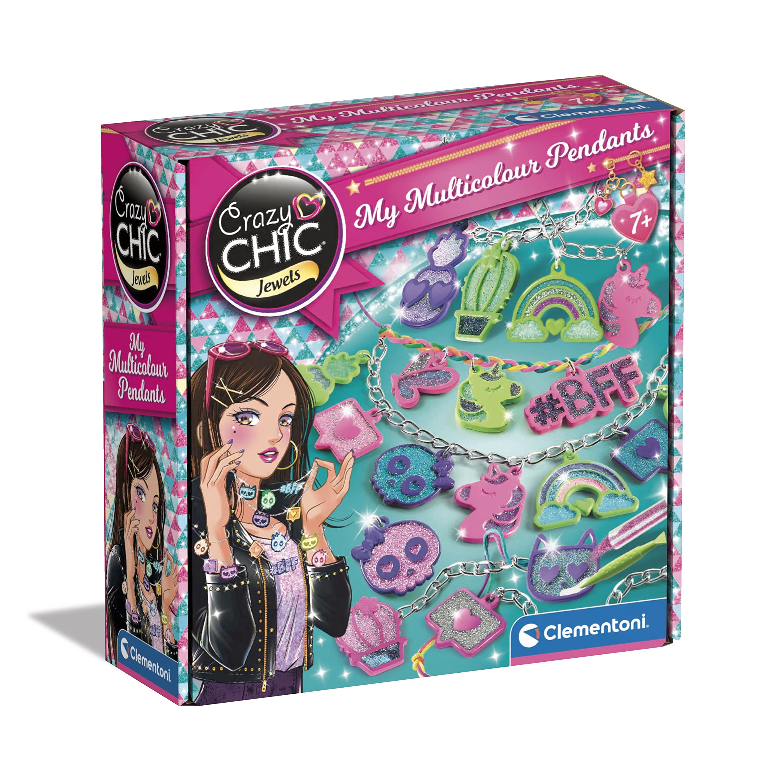 Clementoni- Crazy Chic My Colourful Pendants: DIY Jewellery Making Kit for Kids, Bracelets, Necklaces & Rings (7+ Years)