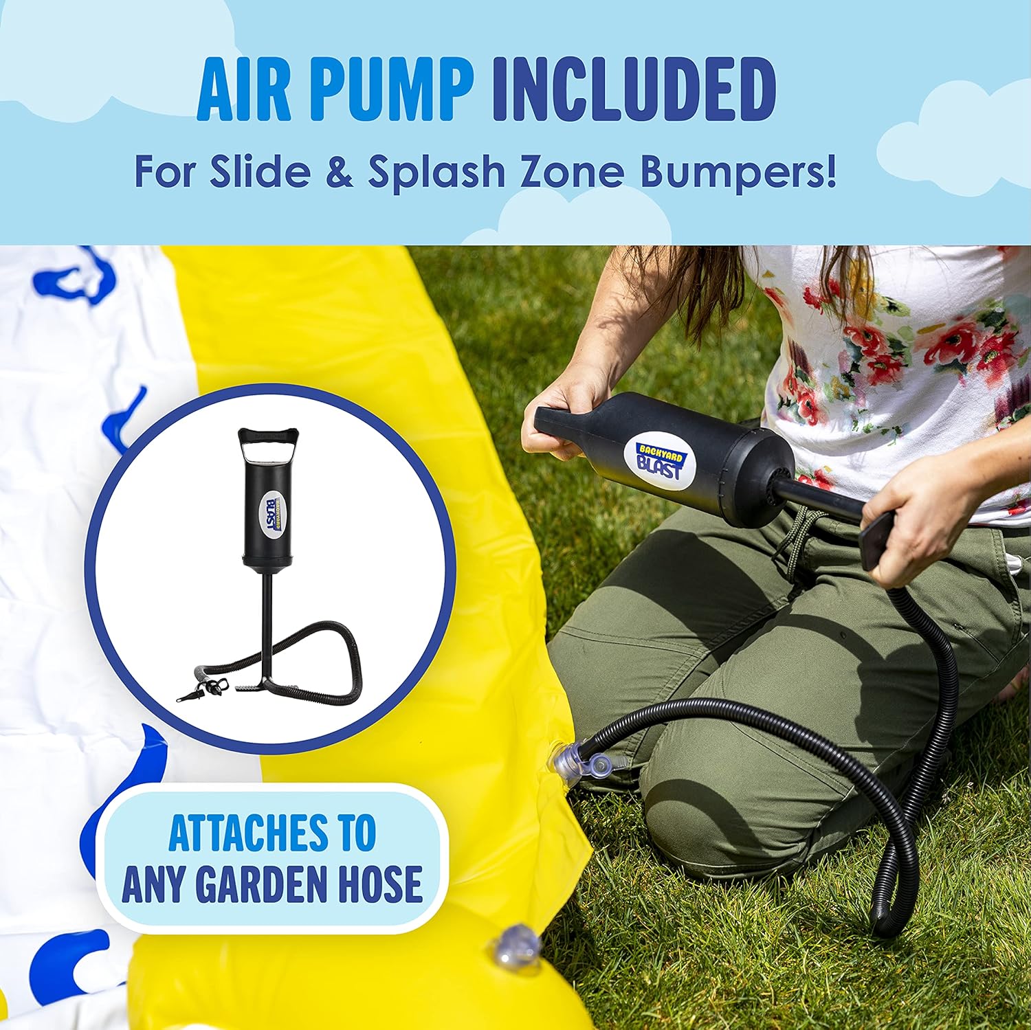 BACKYARD BLAST - 30' Waterslide with Bumpers and Splash Zone, 2 Inflatable Riders and Hand Air Pump - Easy to Setup - Extra Thick to Prevent Rips & Tears: Toys & Games