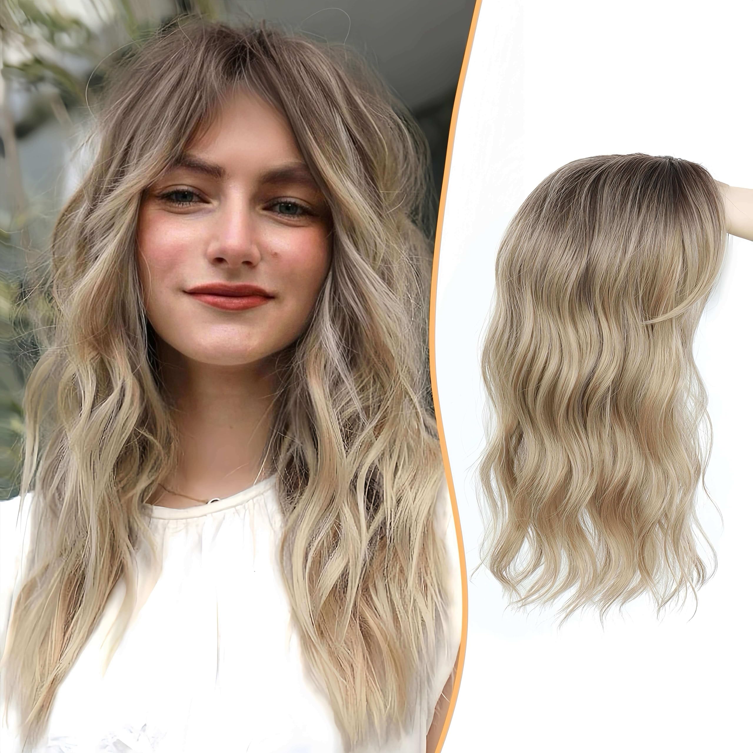 TESS Clip In Hair Topper Mit Bangs Mittelblond Mix Weiu00df Ombre, 45 Cm Lang For Thinning Hair Pony Haarteil, 4 Clips Hair Toppers Fu00fcr Frauen Fu00fcr Den Tu00e4glichen Gebrauch, Fotografie Und Party