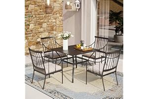 MFSTUDIO 5 Pieces Metal Patio Dining Set, Outdoor Furniture Set with 1 x Square Metal Table and 4 x High-Back Arm Chairs with Cushion (Black)