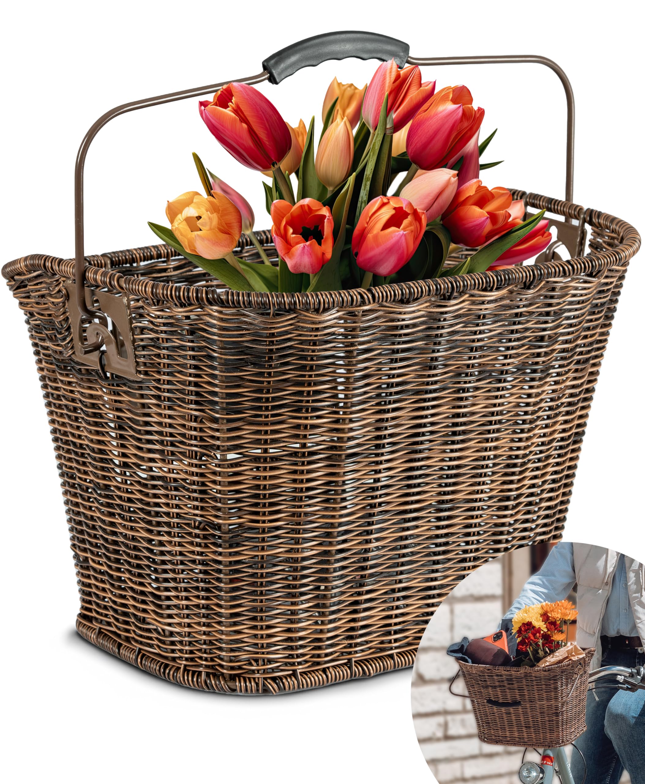 Büchel Polyrattan Front Bicycle Basket with Innovative Quick-Click Bracket 35 x 26 x 25 cm Bicycle Basket Handlebar Basket Bicycle