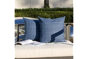 K KEVIN TEXTILE Kevin Textile Pack of 2 Decorative Outdoor Waterproof Throw Pillow Covers Stripe Square Pillowcases Modern Cushion Cases for Patio Couch Bench 18 x 18 Inch Navy Blue