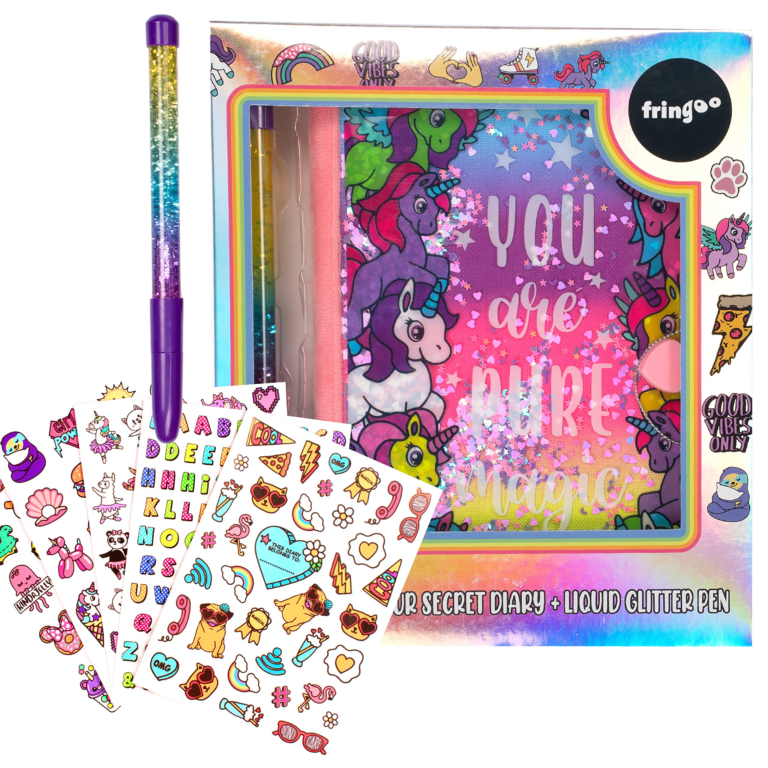 Fringoo Secret Diary for Girls with Padlock Unicorn Notebook with Lock - A5 Kids Journal, Stickers and Liquid Glitter Pen - Birthday Gifts for Girls - Pure Magic