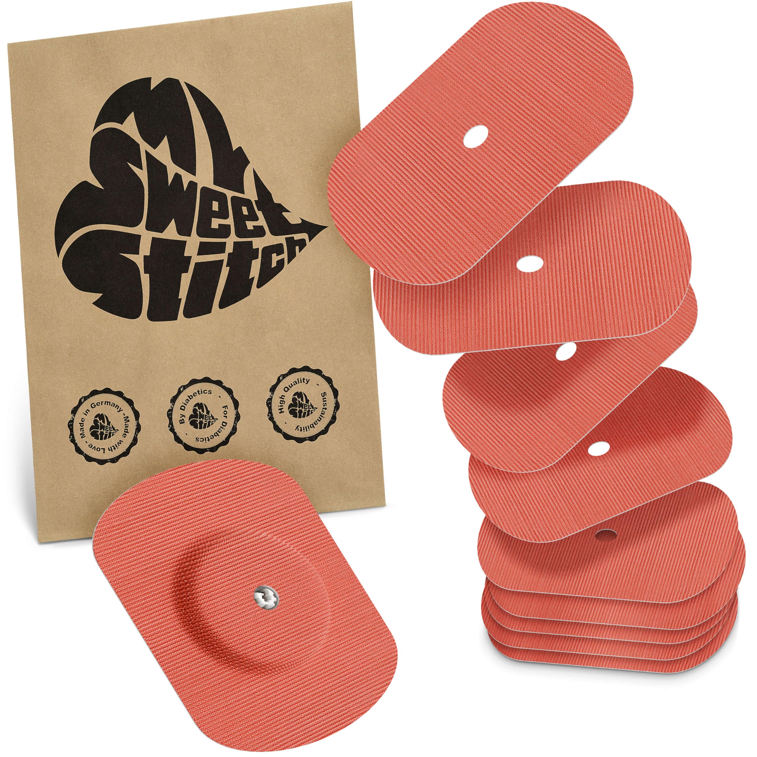 MySweetStitch - 10 x Freestyle Libre 1 & 2 Patches Oval with Ventilation Hole, Overpatch Ø 70 x 55mm, Waterproof, Breathable, Skin-Friendly, Made in Germany, Coral