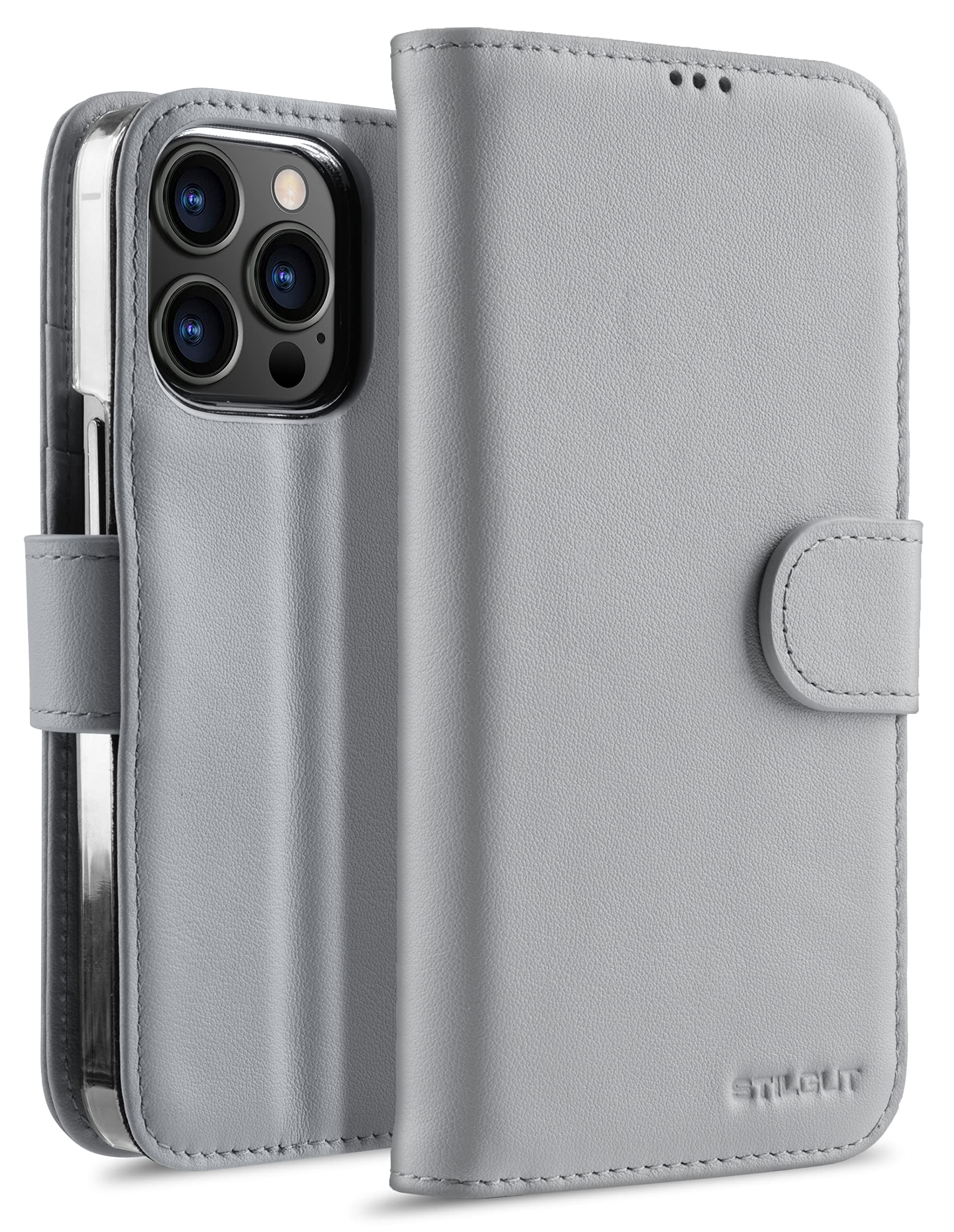 StilGut Talis Compatible with iPhone 13 Pro Max (6.7 Inches) Case with Card Slot Made of Leather, Flip Cover, Wallet Case, Mobile Phone Case with Compartments, Stand Function and Closure - Grey Nappa