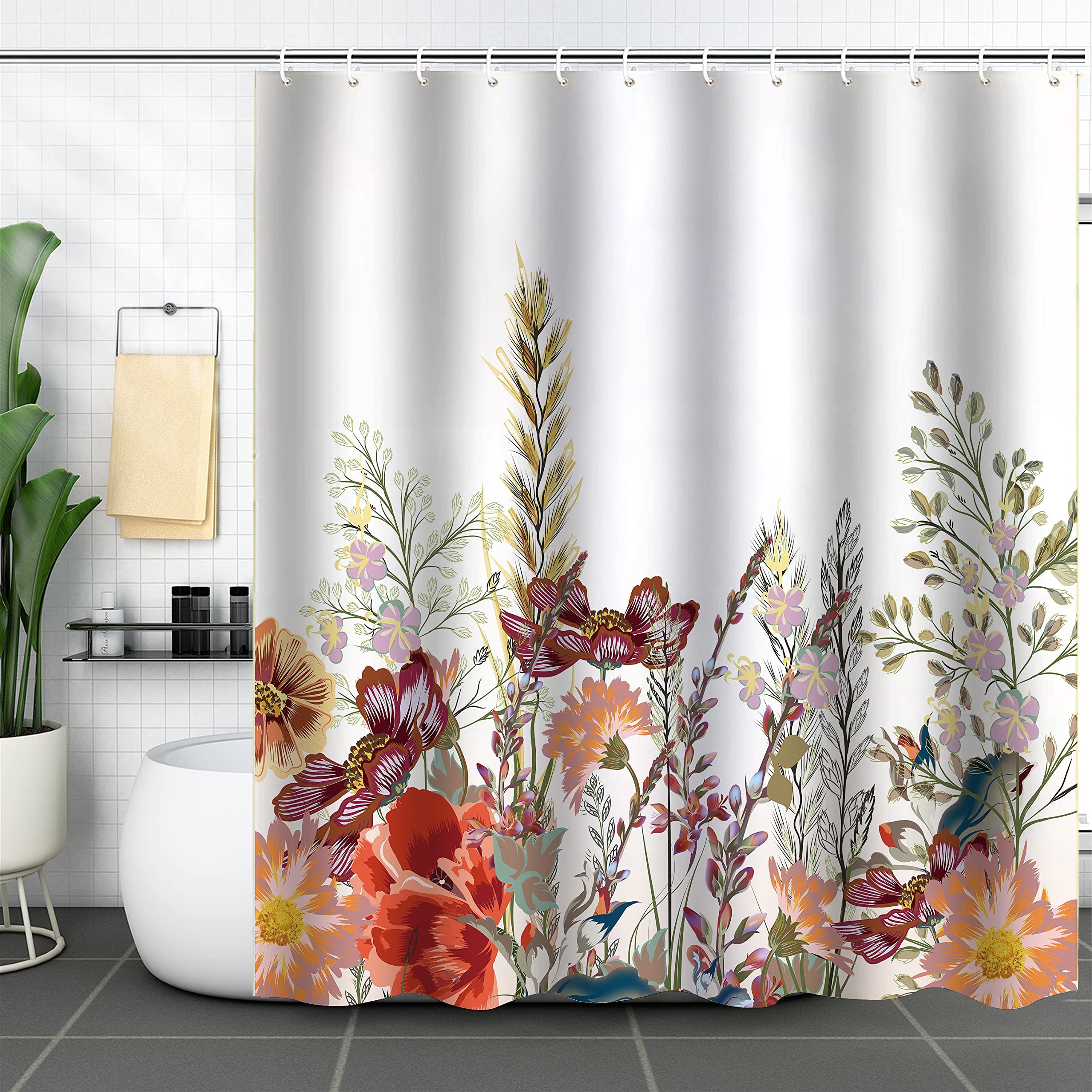 WELTRXE Shower Curtain, Bathroom Curtain with 12 Hooks, Waterproof Polyester Fabric Bathtub Curtain, Weighted Hem, Washable, Quick Dry, Mildew & Mold Resistant, Bathroom Bath Decor, 183x183cm, Floral — image 1