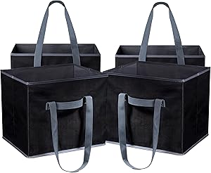 Reusable Shopping Cube Grocery Bag - These Sturdy Tote Bags will Keep your Car Trunk Groceries in Place. Long Handles to Carry in Hand or Over Shoulder. Folds Flat for Convenient Storage. (Set of 4)