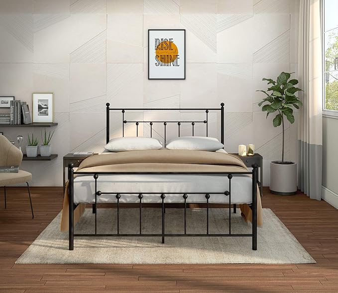AMBEE21 Victorian Queen Metal Bed Frame with Headboard and