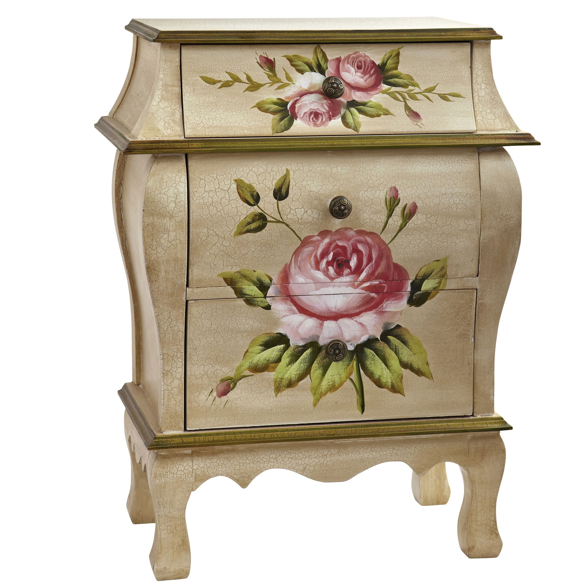 Nearly Natural Antique Night Stand w/Floral Art Nightstand, Beige/Pink/Gold