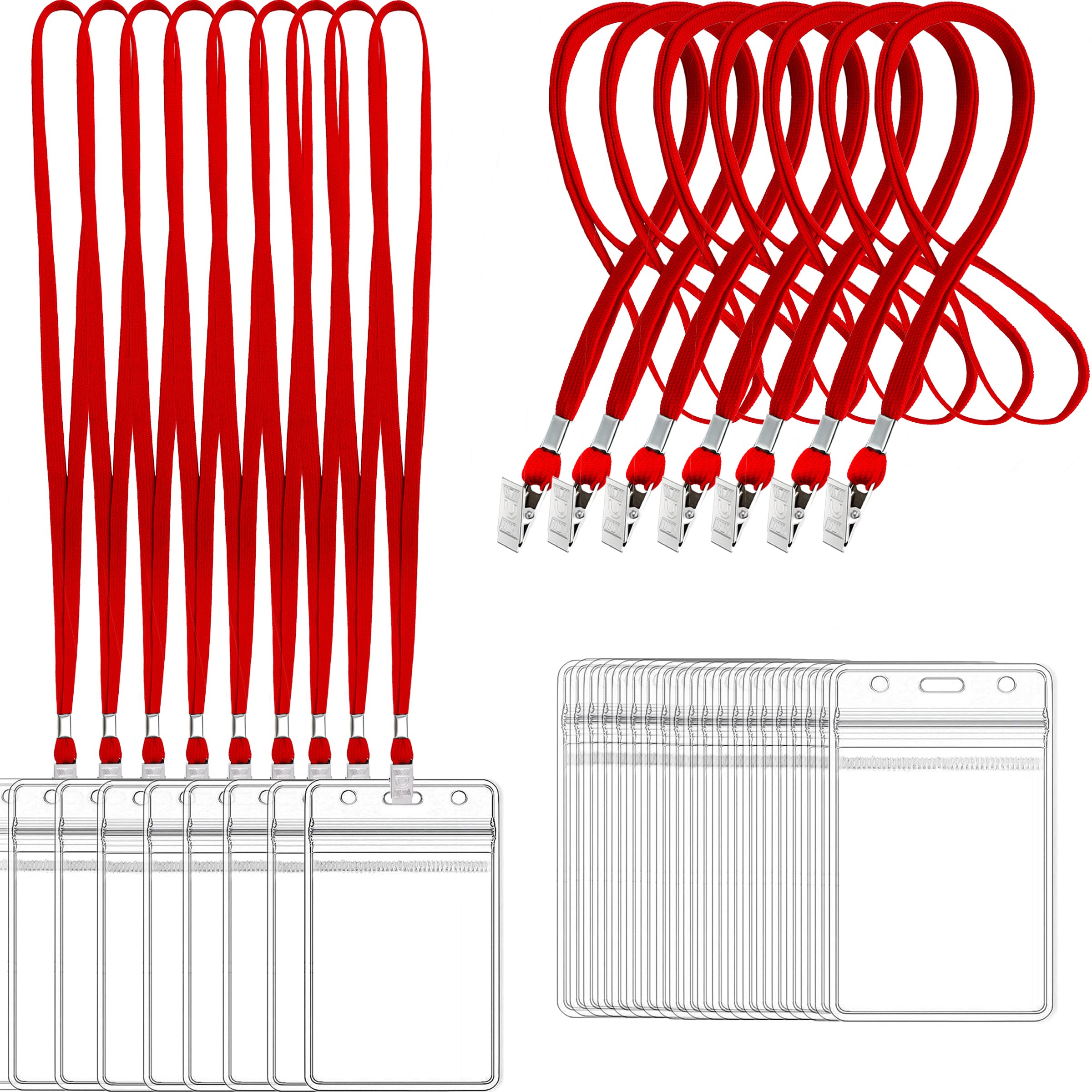 Photo 1 of 100Pcs Clear Plastic Name Tags Badge ID Card Holders and 100Pcs Black Lanyards with Clip (Red)