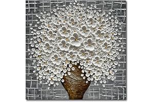 EPICLER ART Epicler Hand-painted 3D Abstract Modern Oil Painting Wall Art,24x24 Inch White Flower Painting, Flower Wall Art Painting,Living Room Bedroom Wall Decoration Oil Painting Ready to Hang