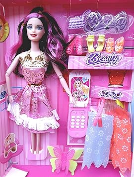 Shopme store Fashion Girl Doll 2 Dresses 3 Pairs of Shoes 1 Purses 1 Earring Accessories Beauty Shirin Princess Doll for Kids [Color May be Vary] (Age-3+)