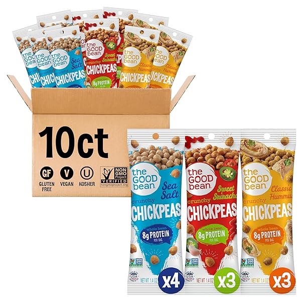 THE GOOD BEAN CRUNCHY CHICKPEAS – VARIETY PACK – (10 PACK) 1.4 OZ PACKET – SWEET SRIRACHA, SEA SALT, AND CLASSIC HUMMUS ROASTED CHICKPEA BEANS – VEGAN SNACK WITH GOOD SOURCE OF PLANT PROTEIN AND FIBER